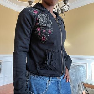 Hard Rock Cafe Nashville skeleton zip up hoodie black purple distressed jacket